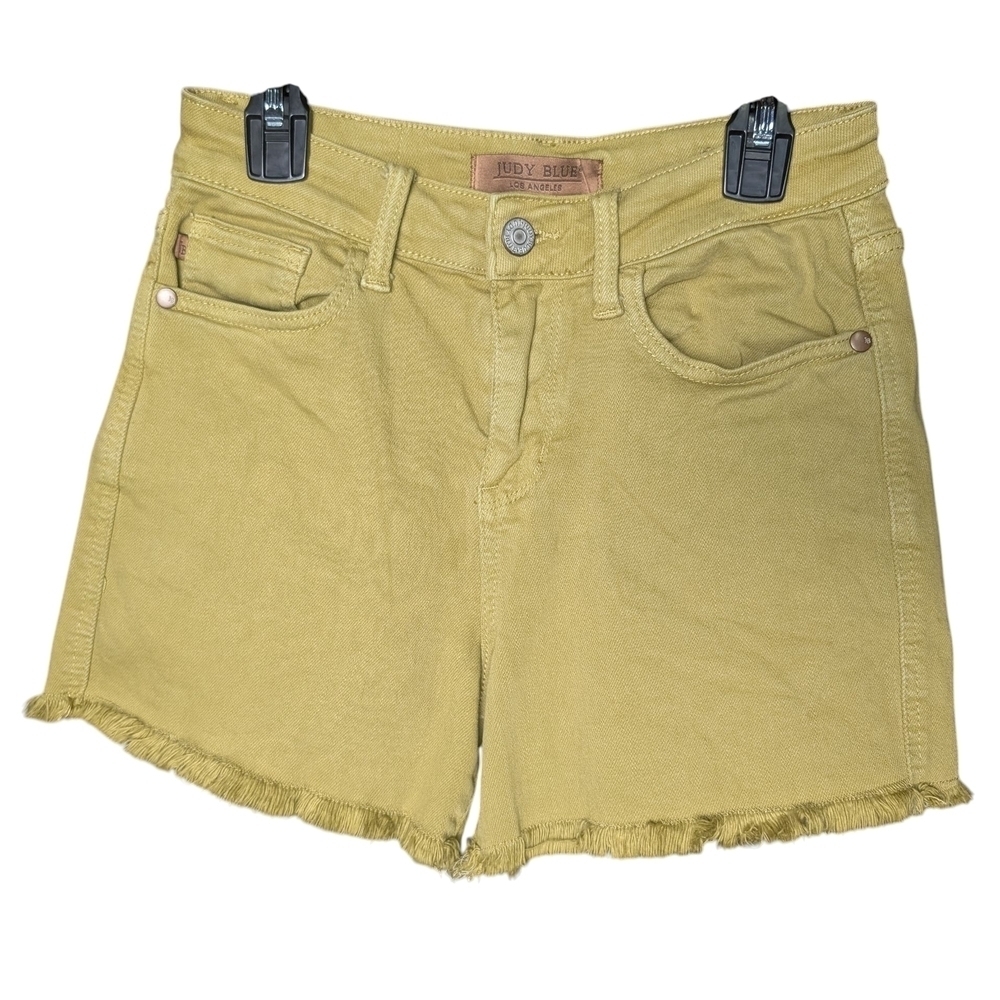 Judy Blue Women's Green/Yellow Frayed Hem Shorts Zipper Pockets Like New